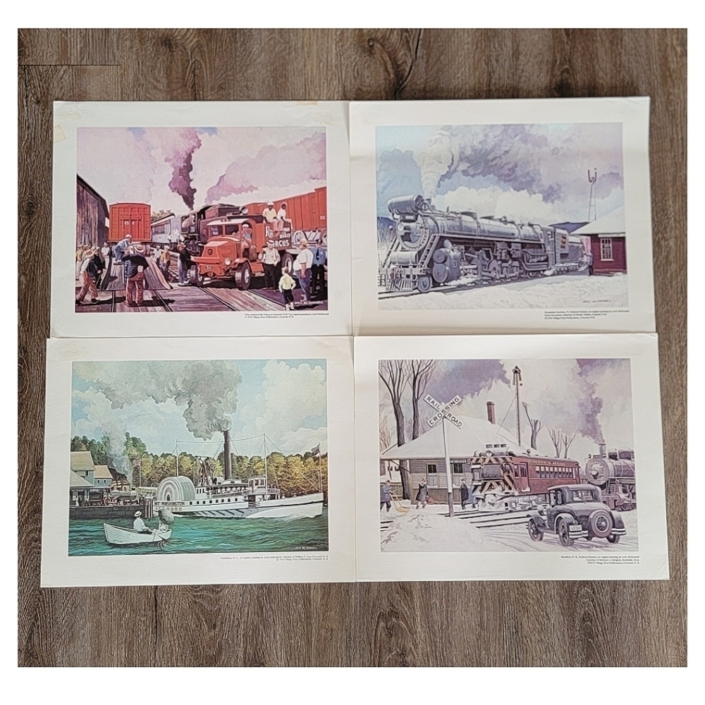 Vintage Art Prints Railways & Steamboat Set of 4 #2210
